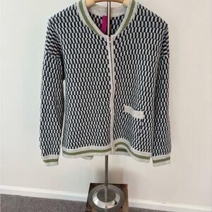 Geometric Navy Blue and White Zip-Up Cardigan Sweater